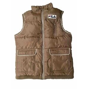 Vintage 90s/Y2K FILA Sport Puffy Zip Vest Brown With White Piping Size Small